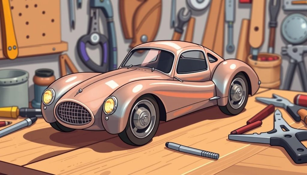 A homemade metal car toy, handcrafted with care and precision. The sleek, streamlined body shines with a metallic finish, reflecting the warm glow of the studio lighting. Intricate details, such as the smooth curves of the fenders and the intricate grille, bring the design to life. The car sits atop a wooden workbench, surrounded by various tools and materials, a testament to the DIY spirit. The scene conveys a sense of creativity, craftsmanship, and the joy of building something unique. A cartoon-style illustration, with a focus on the toy's mechanical elements and a touch of whimsy.