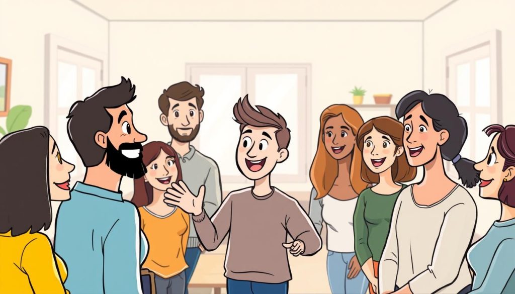 A lively, hand-drawn scene of a YouTuber host engaging with a diverse group of viewers. The host, an animated character with an approachable, friendly demeanor, is shown in the foreground, gesturing warmly and making eye contact. The viewers, depicted as a mix of cartoon-style people of different ages and backgrounds, are gathered around, listening intently and interacting with the host. The background features a clean, minimalist home setting, with light streaming in through windows, creating a cozy, inviting atmosphere. The overall mood is one of connection, rapport, and a genuine sense of community between the YouTuber and their audience. A lively, hand-drawn scene of a YouTuber host engaging with a diverse group of viewers. The host, an animated character with an approachable, friendly demeanor, is shown in the foreground, gesturing warmly and making eye contact. The viewers, depicted as a mix of cartoon-style people of different ages and backgrounds, are gathered around, listening intently and interacting with the host. The background features a clean, minimalist home setting, with light streaming in through windows, creating a cozy, inviting atmosphere. The overall mood is one of connection, rapport, and a genuine sense of community between the YouTuber and their audience.