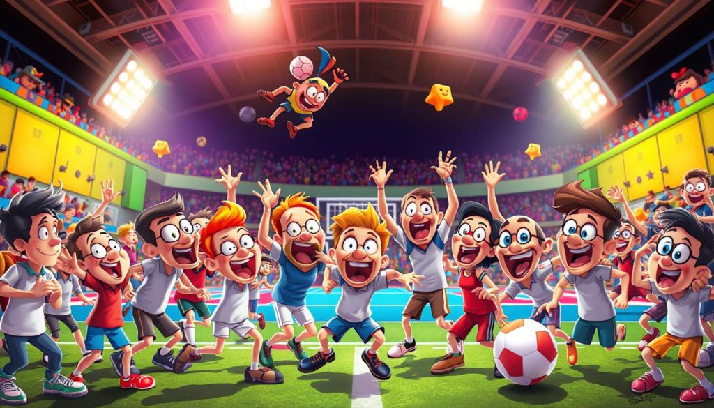 A lively, vibrant scene of a group of animated figures engaged in exuberant, comical sports activities. The foreground features a diverse cast of energetic characters - athletes, coaches, and spectators - expressing a range of humorous, joyful emotions through their animated expressions and dynamic poses. The middle ground showcases the sports activities in action, with figures performing acrobatic maneuvers, clumsy mishaps, and playful interactions. The background depicts a colorful, whimsical sports arena or stadium setting, filled with vibrant colors, dynamic lighting, and a sense of unbridled energy and hilarity. The overall atmosphere conveys the irresistible appeal and captivating charm of lighthearted, comedic moments in the world of sports. A lively, vibrant scene of a group of animated figures engaged in exuberant, comical sports activities. The foreground features a diverse cast of energetic characters - athletes, coaches, and spectators - expressing a range of humorous, joyful emotions through their animated expressions and dynamic poses. The middle ground showcases the sports activities in action, with figures performing acrobatic maneuvers, clumsy mishaps, and playful interactions. The background depicts a colorful, whimsical sports arena or stadium setting, filled with vibrant colors, dynamic lighting, and a sense of unbridled energy and hilarity. The overall atmosphere conveys the irresistible appeal and captivating charm of lighthearted, comedic moments in the world of sports.