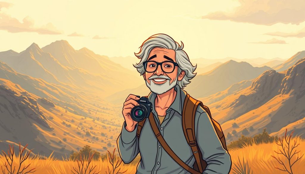 A mature, experienced traveler exploring the world, camera in hand, capturing the essence of their journey. A serene landscape unfolds, mountains and valleys stretching out before them, inviting exploration. Warm, golden light bathes the scene, casting a cozy, nostalgic glow. The traveler, dressed comfortably yet stylishly, exudes a sense of wonder and contentment, their face alight with the joy of discovery. Surrounding them, a whimsical, hand-drawn aesthetic brings a playful, animated quality to the image, reflecting the traveler's youthful spirit and zest for life. An evocative, inviting scene that captures the spirit of a seasoned adventurer embarking on a new chapter of their travel vlog. A mature, experienced traveler exploring the world, camera in hand, capturing the essence of their journey. A serene landscape unfolds, mountains and valleys stretching out before them, inviting exploration. Warm, golden light bathes the scene, casting a cozy, nostalgic glow. The traveler, dressed comfortably yet stylishly, exudes a sense of wonder and contentment, their face alight with the joy of discovery. Surrounding them, a whimsical, hand-drawn aesthetic brings a playful, animated quality to the image, reflecting the traveler's youthful spirit and zest for life. An evocative, inviting scene that captures the spirit of a seasoned adventurer embarking on a new chapter of their travel vlog.