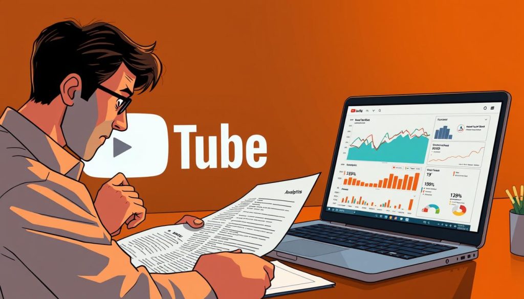 A meticulously rendered scene depicting the process of analyzing YouTube revenue streams. In the foreground, a financial analyst examines a detailed spreadsheet, their expression pensive as they scrutinize the data. In the middle ground, a laptop displays a comprehensive analytics dashboard, showcasing key metrics and trends. The background features the iconic YouTube logo, rendered in a muted, subdued tone to convey the analytical nature of the scene. Warm, directional lighting casts dramatic shadows, creating a sense of depth and focus. The overall mood is one of serious, professional inquiry, reflecting the complexities of optimizing YouTube monetization in the Iranian market.