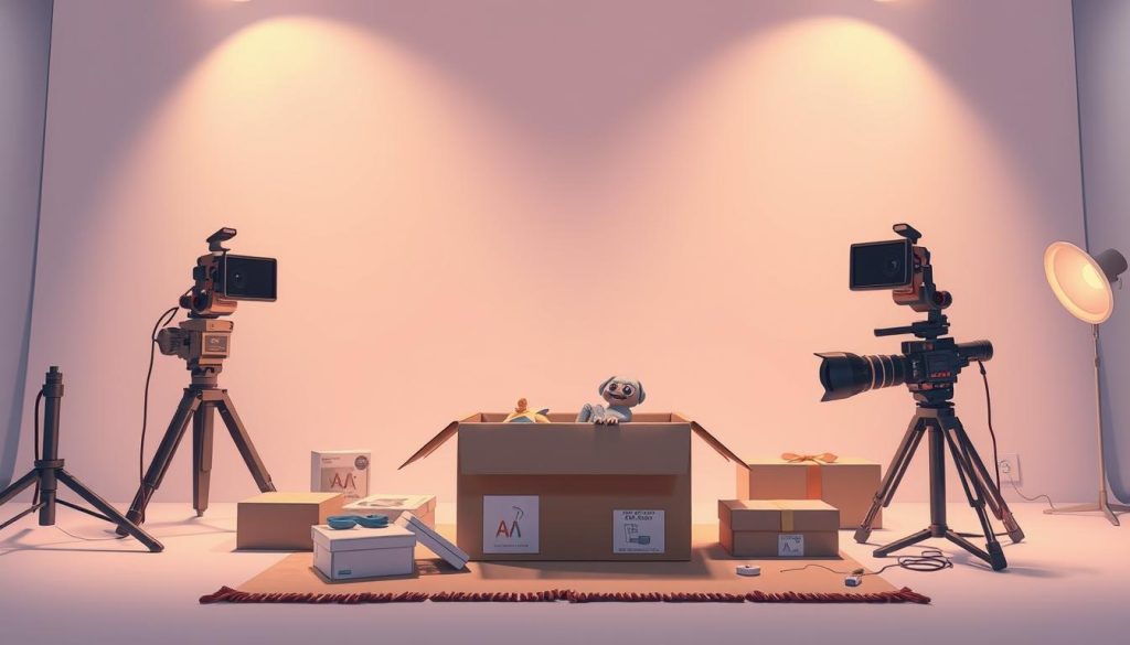 A meticulously staged unboxing scene set against a clean, minimalist backdrop. The camera angles capture the product from multiple perspectives, highlighting its key features. Soft, diffused lighting creates a warm, inviting atmosphere, drawing the viewer's attention to the item being revealed. The composition emphasizes the anticipation and excitement of the unboxing experience, with the product's packaging and contents positioned prominently in the frame. Cartoonish, illustrated elements add a playful, engaging touch to the scene, complementing the subject matter. An immersive, visually captivating depiction of the essential elements of a successful unboxing video. A meticulously staged unboxing scene set against a clean, minimalist backdrop. The camera angles capture the product from multiple perspectives, highlighting its key features. Soft, diffused lighting creates a warm, inviting atmosphere, drawing the viewer's attention to the item being revealed. The composition emphasizes the anticipation and excitement of the unboxing experience, with the product's packaging and contents positioned prominently in the frame. Cartoonish, illustrated elements add a playful, engaging touch to the scene, complementing the subject matter. An immersive, visually captivating depiction of the essential elements of a successful unboxing video.