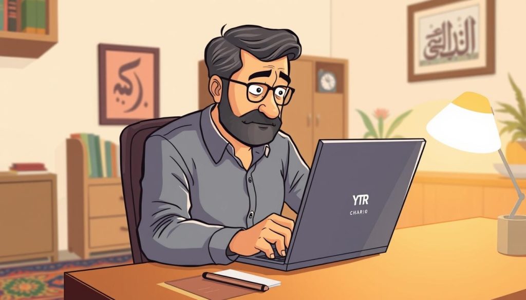 A middle-aged Iranian professional sitting at a desk, intently studying market trends on a laptop. The office environment is warm and inviting, with a touch of Persian cultural flair - a colorful traditional rug on the floor, a framed calligraphic artwork on the wall. Soft, diffused lighting illuminates the scene, creating a pensive, contemplative mood. The subject's expression conveys a deep understanding of the local consumer landscape, driven by a passion to connect with and cater to the unique needs of the Iranian market. The YTPRomo logo discreetly positioned on the laptop screen subtly reinforces the article's theme of leveraging domestic design projects for commercial success.