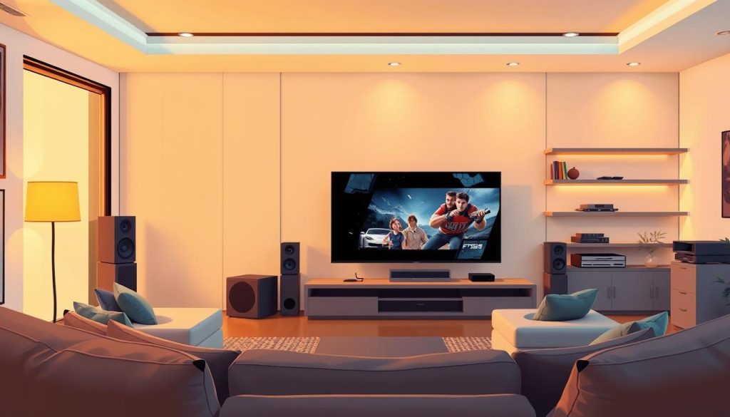 A modern home interior with an entertainment center as the focal point. In the foreground, a large flat-screen TV dominates the space, its screen displaying engaging video content. The middle ground features plush seating arrangements, inviting viewers to relax and immerse themselves in the content. Subtle backlighting and warm accent lighting create a cozy, welcoming atmosphere. The background showcases minimalist shelving, housing a sleek sound system and a collection of media devices. The overall scene conveys a sense of comfort and optimal viewing experience, encouraging extended engagement and prolonged time spent within the space.