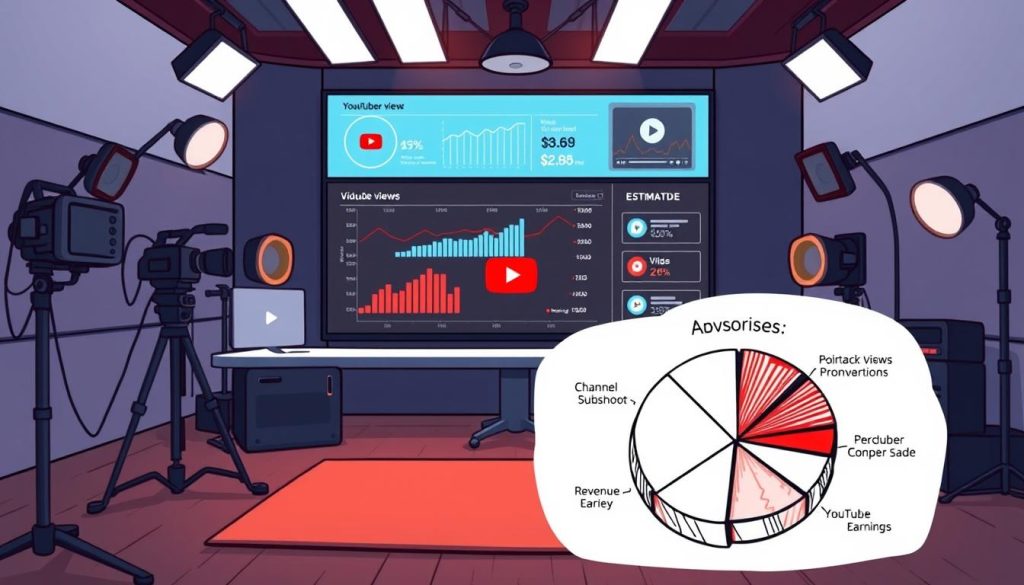 A modern, sleek YouTube studio with professional lighting and camera equipment. A large computer monitor displays an analysis of YouTube channel metrics, including subscriber growth, video views, and estimated earnings. In the foreground, a hand-drawn pie chart illustrates the various revenue streams for a successful YouTube creator, such as advertising, sponsorships, and merchandise sales. The overall scene conveys the idea of a thriving YouTube-based business, with a focus on the financial aspects of building a successful channel.