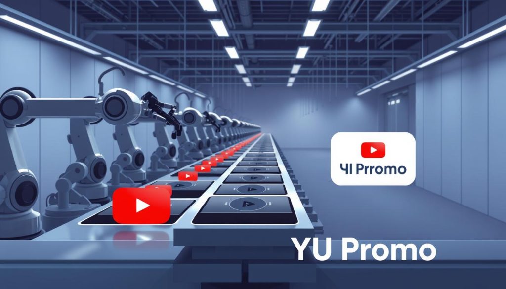 A modern, sleek production line churning out a cascade of identical AI-generated video thumbnails. Robotic arms deftly manipulate the images, fine-tuning colors and compositions with precision. The background is a clean, minimalist workspace bathed in cool, directional lighting that highlights the efficient, automated process. In the foreground, a prominent YT Promo logo stands as a testament to the technology powering this high-volume, streamlined content creation. An atmosphere of futuristic productivity permeates the scene, capturing the essence of "mass-produced" digital media.
