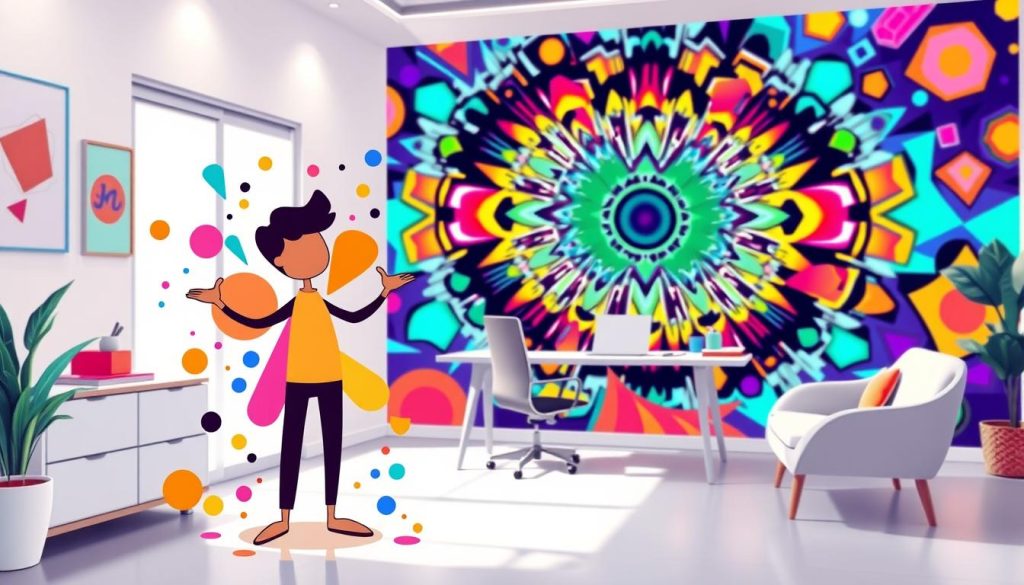 A modern, vibrant interior design studio with playful, cartoon-inspired elements. In the foreground, a stylized human figure surrounded by colorful, abstract shapes and patterns, expressing creative energy. The middle ground features a sleek, minimalist desk setup with a laptop, pen, and other office supplies, hinting at the practical aspects of design work. The background showcases a dynamic, kaleidoscopic wall mural, bursting with dynamic, geometric shapes and vibrant colors, evoking a sense of visual innovation and boundless creativity. Soft, diffused lighting casts a warm, inviting glow throughout the scene, creating a welcoming and inspirational atmosphere. A modern, vibrant interior design studio with playful, cartoon-inspired elements. In the foreground, a stylized human figure surrounded by colorful, abstract shapes and patterns, expressing creative energy. The middle ground features a sleek, minimalist desk setup with a laptop, pen, and other office supplies, hinting at the practical aspects of design work. The background showcases a dynamic, kaleidoscopic wall mural, bursting with dynamic, geometric shapes and vibrant colors, evoking a sense of visual innovation and boundless creativity. Soft, diffused lighting casts a warm, inviting glow throughout the scene, creating a welcoming and inspirational atmosphere.