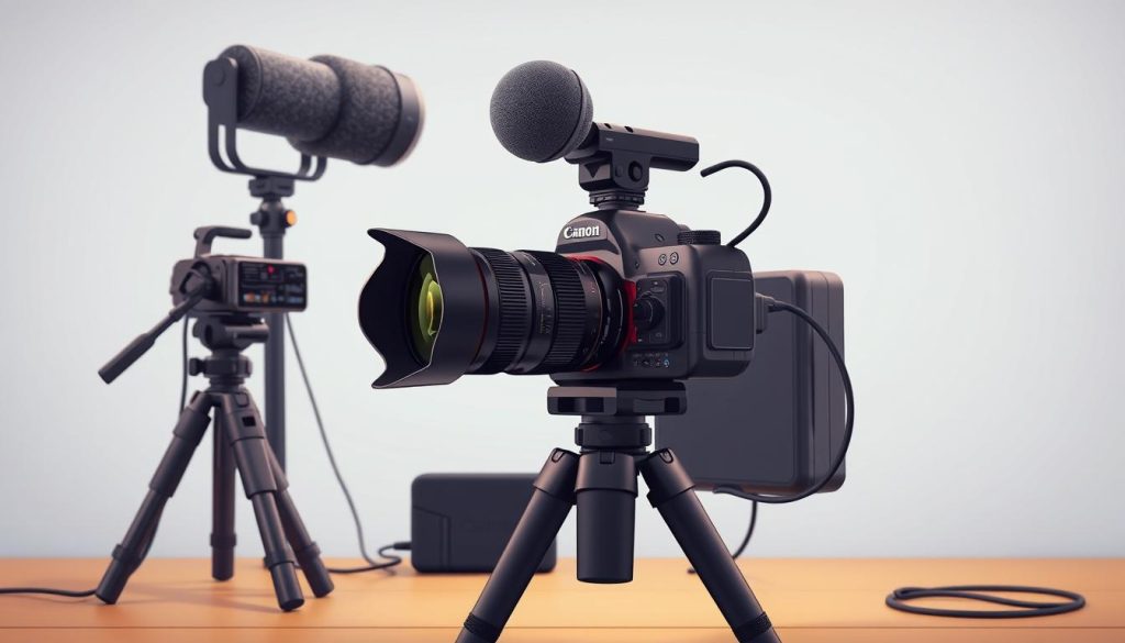 A neatly arranged set of high-quality video recording equipment, including a professional-grade DSLR camera with a wide-angle lens, a sturdy tripod, an external microphone, and lighting equipment. The scene is set against a clean, minimalist background, with a subtle gradient that adds depth and a sense of space. The lighting is soft and evenly distributed, creating a warm and inviting atmosphere. The camera is positioned at an angle that captures the subject matter in an engaging and visually appealing way, conveying a sense of artistry and attention to detail.