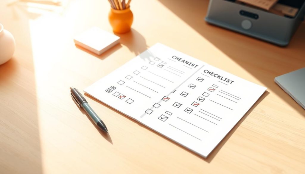 A neatly organized checklist laid out on a clean, minimalist desk. The checklist pages feature hand-drawn icons and checkboxes, with a pen and small notebook nearby. Warm, natural lighting bathes the scene, creating a productive, thoughtful atmosphere. The desk surface is a light, uncluttered wood, and the background has a subtle, blurred gradient that draws the eye to the central checklist. The overall composition conveys a sense of preparation, planning, and focus - the essential elements for documenting a home renovation project.