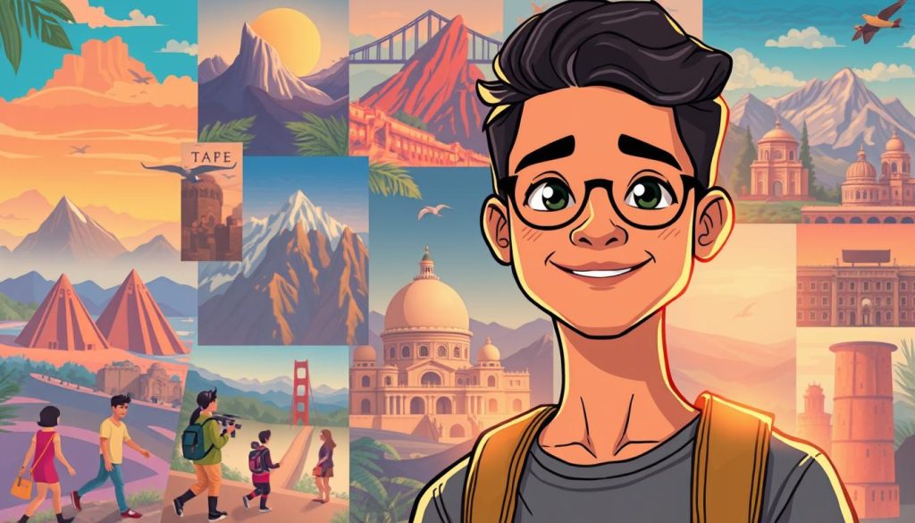 A personal identity emerges amidst the vibrant tapestry of a travel vlog. In the foreground, a confident figure stands, their face illuminated by an adventurous spirit. The middle ground showcases a collage of momentous experiences - breathtaking landscapes, cultural discoveries, and shared laughter with companions. The background hums with a sense of purpose, as the traveler's journey unfolds, shaping a unique narrative. Soft, inviting lighting casts a warm glow, evoking a sense of warmth and authenticity. The overall composition is balanced, with a focus on the individual's growth and the transformative power of exploration. This image captures the essence of crafting a personal identity through the lens of a travel vlog, inspiring viewers to embark on their own self-discovery journey. A personal identity emerges amidst the vibrant tapestry of a travel vlog. In the foreground, a confident figure stands, their face illuminated by an adventurous spirit. The middle ground showcases a collage of momentous experiences - breathtaking landscapes, cultural discoveries, and shared laughter with companions. The background hums with a sense of purpose, as the traveler's journey unfolds, shaping a unique narrative. Soft, inviting lighting casts a warm glow, evoking a sense of warmth and authenticity. The overall composition is balanced, with a focus on the individual's growth and the transformative power of exploration. This image captures the essence of crafting a personal identity through the lens of a travel vlog, inspiring viewers to embark on their own self-discovery journey.