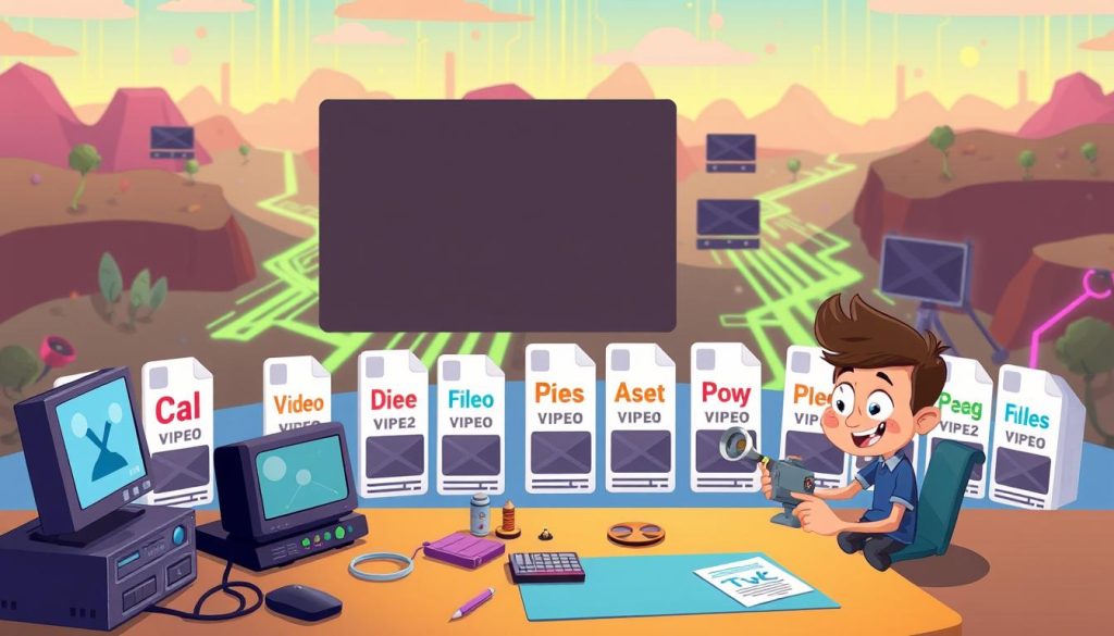 A playful, animated scene showcasing video optimization techniques. In the foreground, a quirky character tinkering with video editing software, surrounded by colorful icons and graphics. The middle ground features an array of video file types, each with unique characteristics. In the background, a stylized landscape with technology-inspired elements, such as circuit boards and glowing data streams, creates a vibrant, futuristic atmosphere. The overall mood is lighthearted and informative, inviting the viewer to explore the world of video optimization. A playful, animated scene showcasing video optimization techniques. In the foreground, a quirky character tinkering with video editing software, surrounded by colorful icons and graphics. The middle ground features an array of video file types, each with unique characteristics. In the background, a stylized landscape with technology-inspired elements, such as circuit boards and glowing data streams, creates a vibrant, futuristic atmosphere. The overall mood is lighthearted and informative, inviting the viewer to explore the world of video optimization.