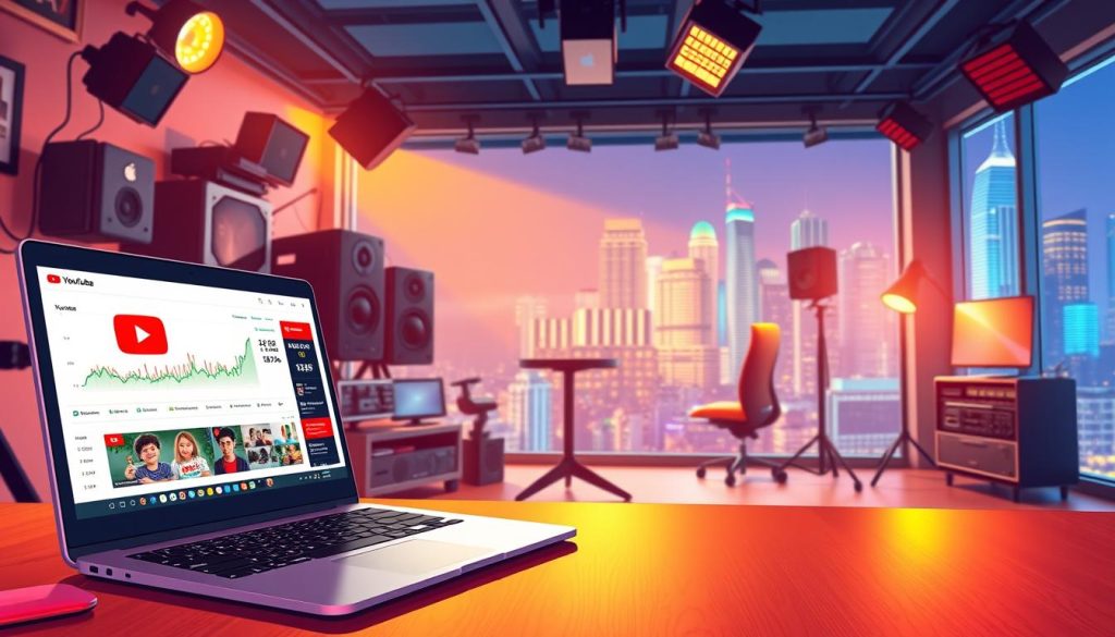 A professional YouTuber's studio, bathed in warm lighting and filled with high-tech equipment. In the foreground, a sleek, modern laptop displays analytics and revenue statistics, hinting at the financial potential of the platform. In the middle ground, the YouTube logo stands prominently, a symbol of the creator's journey. The background features a vibrant cityscape, suggesting the global reach and impact of this online video empire. The overall atmosphere exudes a sense of success, innovation, and the promise of a lucrative, AI-powered future.