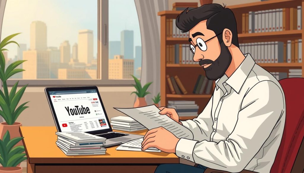 A professional accountant carefully reviewing YouTube income statements, analyzing tax implications and legal considerations for Iranian content creators. The scene is set in a cozy home office with warm lighting, a neatly organized desk, and a laptop displaying financial data. In the foreground, the accountant is focused on their work, surrounded by stacks of documents and the YouTube logo. The background features shelves of financial books and a window overlooking a city skyline, conveying a sense of expertise and diligence. The overall mood is one of thoughtful, measured analysis as the accountant navigates the complexities of YouTube monetization for their clients.