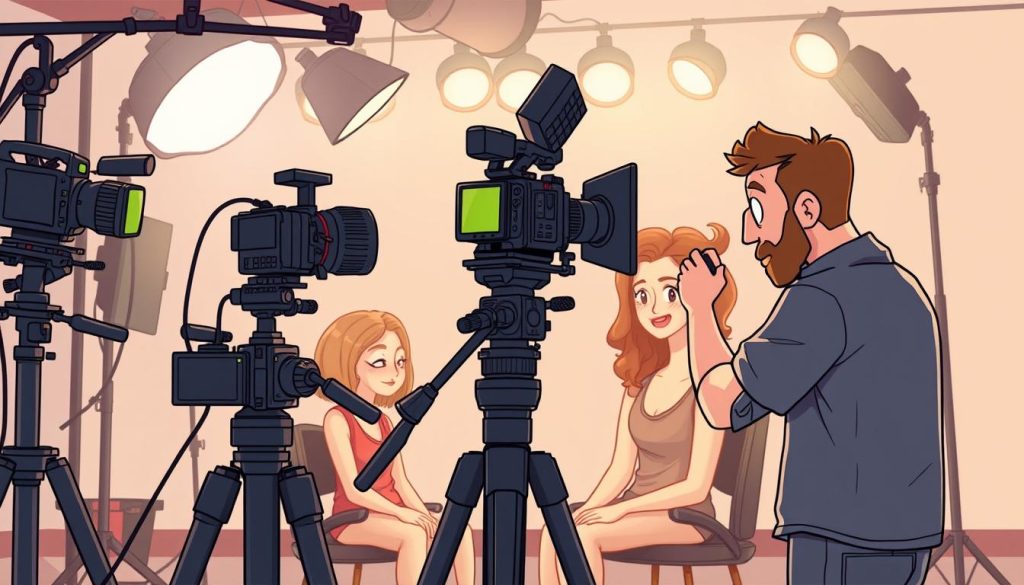 A professional film production setup with high-quality cameras, lighting, microphones, and accessories. A dynamic scene with a filmmaker capturing footage of a model having her hair and makeup styled. The set is well-lit, with soft, diffused lighting from multiple angles to create depth and dimension. The camera is mounted on a sturdy tripod, with a wide-angle lens to capture the full scene. The mood is focused and intense, conveying the importance of capturing the perfect shot. The model is relaxed and confident, while the filmmaker is engaged and determined. The background is minimal, allowing the equipment and the action to take center stage. The image has a stylized, cartoon-like aesthetic, adding a touch of whimsy to the professional setting.