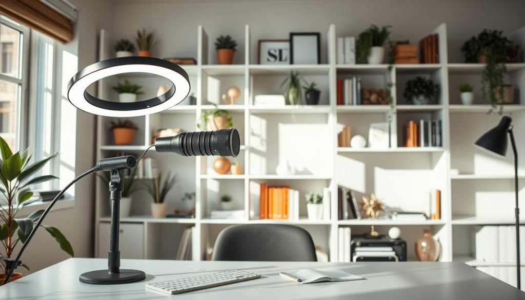 A professionally curated YouTube content creator's studio, featuring a sleek and minimalist desk setup with a high-quality webcam, ring lighting, and microphone. In the background, a clean and well-organized shelving unit displays an assortment of carefully selected decorative elements, including plants, books, and accent pieces that create a warm, inviting, and focused atmosphere for educational and study-related content production. The lighting is soft and diffused, with a mix of natural and artificial sources to ensure optimal visibility and a pleasing ambiance. The overall composition emphasizes the importance of a well-designed and functional workspace for producing high-quality, engaging YouTube content.