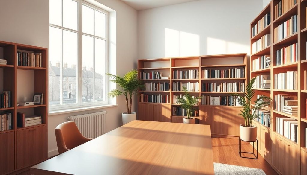 A serene and inviting study space with a clean, minimalist decor. Soft lighting from a large window illuminates the room, casting a warm glow on the smooth wooden table and comfortable armchair. Elegant bookshelves line the walls, showcasing a curated collection of educational tomes. Lush greenery in simple, natural-toned planters adds a touch of tranquility. The overall atmosphere is one of peaceful focus, perfect for educational content creation. The camera captures the scene from a slightly elevated angle, highlighting the harmonious balance of the professional, yet cozy design.