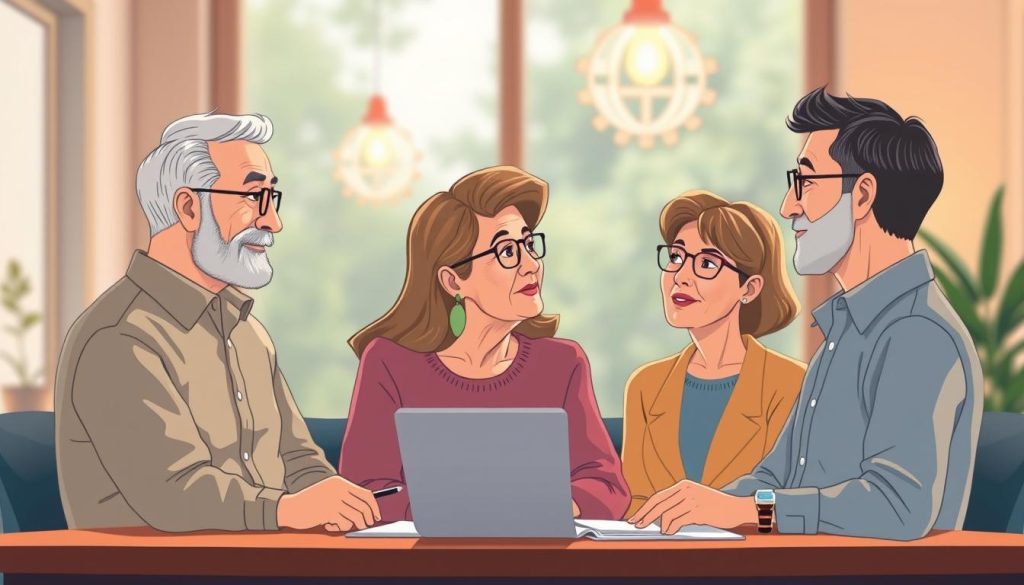 A serene, colorful illustration of a group of middle-aged individuals engaged in thoughtful financial discussions. The scene depicts a warm, welcoming environment with muted tones and soft lighting, creating a sense of trust and security. The figures are depicted in a whimsical, cartoon-like style, making the topic of investment education more approachable and engaging. The composition should balance the foreground, with the central group of people, with a blurred, yet visually interesting background, suggesting a wider context or setting. The overall mood should convey the importance and accessibility of investment education for middle-aged individuals, encouraging them to take proactive steps towards a secure financial future.