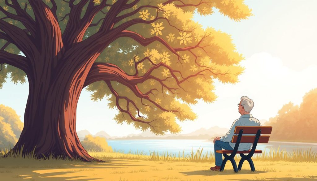 A serene landscape with a middle-aged person sitting on a park bench, thoughtfully gazing at a large, sturdy oak tree. The person's expression is one of calm contemplation, reflecting the importance of safe and prudent investment strategies. The tree, symbolic of growth and stability, casts warm, diffused lighting over the scene, creating a sense of security and tranquility. In the background, a peaceful pond reflects the azure sky, further emphasizing the harmony and stability of the environment. The composition conveys the essence of "safe investment" through its visual metaphors and the tranquil, thoughtful mood.