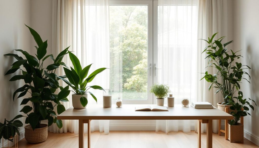 A serene, minimalist study space with soft, natural lighting filtering through sheer curtains. Lush, verdant potted plants and a large, inviting window overlooking a tranquil garden. Smooth, light-toned wooden surfaces and carefully curated decor elements create a calming ambiance. Gentle shadows and muted, earthy tones evoke a sense of contemplation and focus. The overall scene exudes a professional, high-quality design aesthetic that fosters productivity and mindfulness.