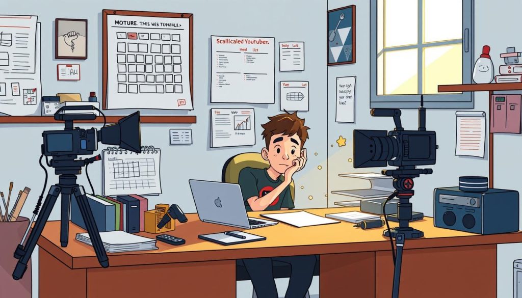 A serene workspace with an organized desk, laptop, and various productivity tools like a calendar, to-do list, and video recording equipment. The scene is illuminated by a warm, natural light from a nearby window, creating a cozy and focused atmosphere. In the background, a wall displays visual aids and notes, reflecting the meticulous planning and time management of a skilled YouTuber specializing in electrical work. The character, depicted in a cartoon-like style, is seated at the desk, deep in thought, surrounded by the necessary tools to efficiently capture and edit their daily professional activities. A serene workspace with an organized desk, laptop, and various productivity tools like a calendar, to-do list, and video recording equipment. The scene is illuminated by a warm, natural light from a nearby window, creating a cozy and focused atmosphere. In the background, a wall displays visual aids and notes, reflecting the meticulous planning and time management of a skilled YouTuber specializing in electrical work. The character, depicted in a cartoon-like style, is seated at the desk, deep in thought, surrounded by the necessary tools to efficiently capture and edit their daily professional activities.
