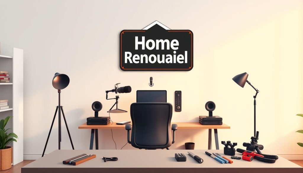 A sleek and modern home office setup with a minimalist aesthetic. In the center, a well-lit desk with a laptop, camera, and microphone, symbolizing a professional YouTuber's workspace. Above the desk, a wall-mounted logo representing a home renovation YouTube channel. The background features a clean, white wall with warm, indirect lighting, creating a bright and inviting atmosphere. In the foreground, an ergonomic office chair and a neatly organized desk with various tools and materials, hinting at the creative process behind home renovation content creation. The overall composition conveys a sense of professionalism, productivity, and the potential for a successful YouTube channel focused on home renovation.