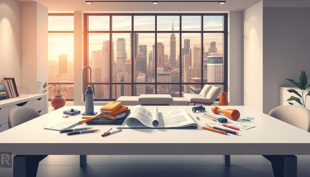 A sleek and modern interior with an emphasis on home renovation. Showcase a carefully curated selection of tools, materials, and design plans spread across a clean, minimalist table. Soft, diffused lighting highlights the intricate details and textures of the various elements. In the background, a large window offers a glimpse of a vibrant, urban cityscape, hinting at the promise of a transformed living space. The overall mood is one of professionalism, inspiration, and the excitement of transforming a home. Incorporate the provided logo seamlessly into the scene, perhaps as a watermark or subtle branding element.