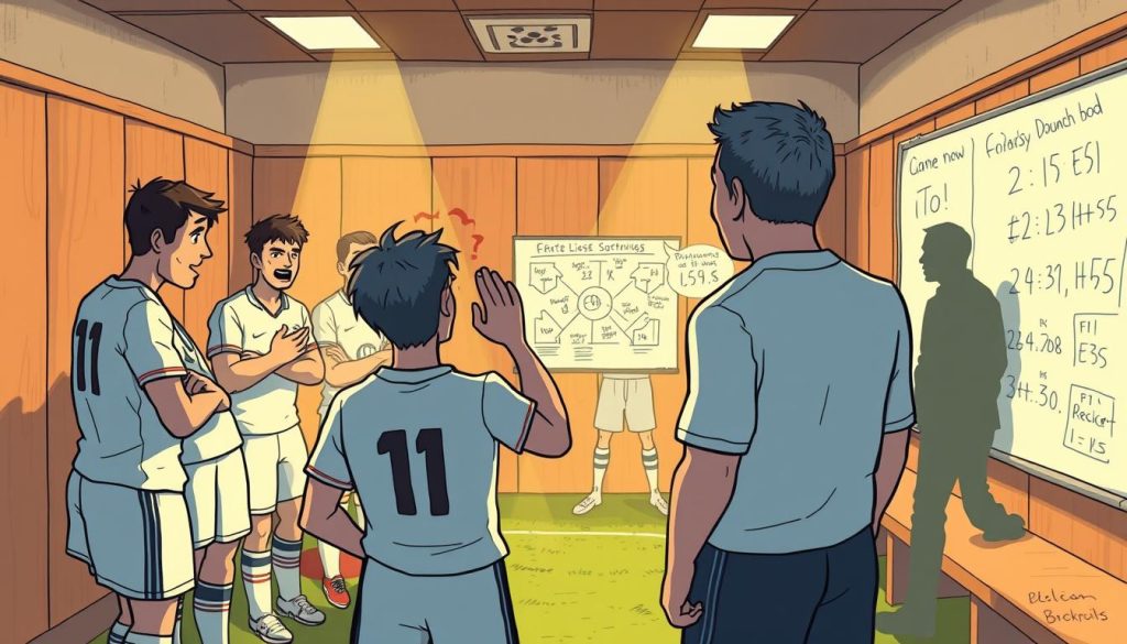 A sports locker room scene with players engaged in animated discussion and analysis. In the foreground, a group of soccer players gathered around a whiteboard, gesturing and examining detailed game statistics and tactics. The middle ground shows several players lost in contemplation, deep in conversation about team strategies and player performances. In the background, a shadowy figure observes the discussions, capturing the essence of the behind-the-scenes storytelling that takes place in the locker room. The lighting is warm and intimate, creating a sense of camaraderie and intense focus. The overall atmosphere conveys the passion and insights that emerge from the analysis of the game and the players' behaviors. A sports locker room scene with players engaged in animated discussion and analysis. In the foreground, a group of soccer players gathered around a whiteboard, gesturing and examining detailed game statistics and tactics. The middle ground shows several players lost in contemplation, deep in conversation about team strategies and player performances. In the background, a shadowy figure observes the discussions, capturing the essence of the behind-the-scenes storytelling that takes place in the locker room. The lighting is warm and intimate, creating a sense of camaraderie and intense focus. The overall atmosphere conveys the passion and insights that emerge from the analysis of the game and the players' behaviors.