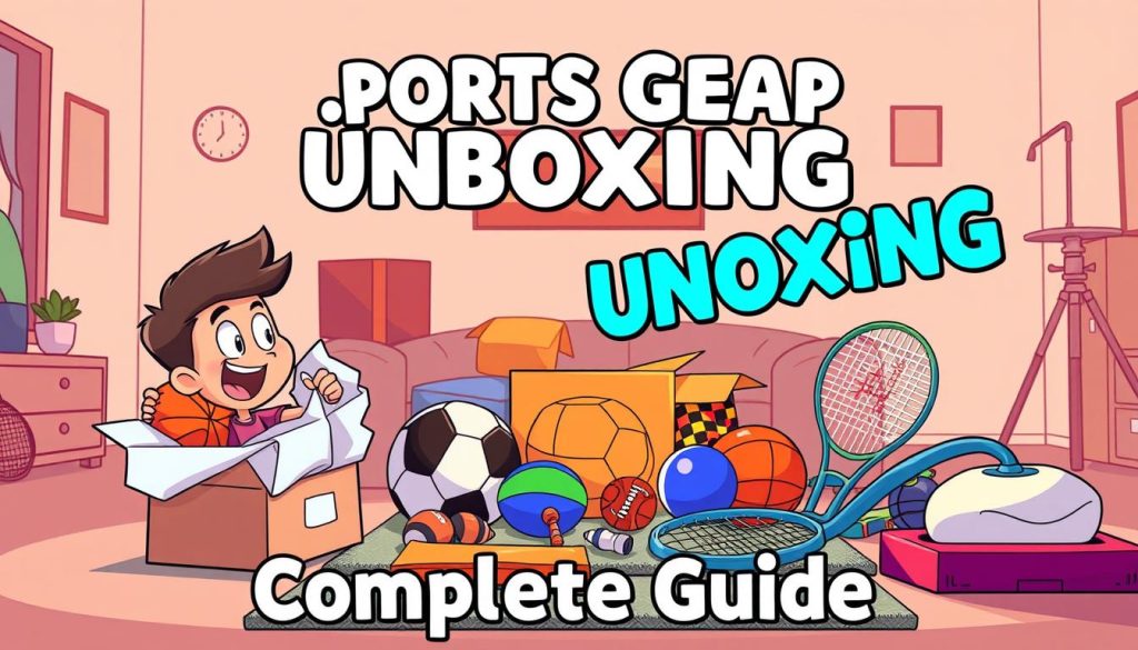 A vibrant and colorful cartoon-style unboxing scene depicting a comprehensive "Sports Gear Unboxing: Complete Guide". The foreground showcases an enthusiastic character carefully unwrapping and revealing various sports equipment such as a basketball, soccer ball, and tennis racket. The middle ground features a neatly organized display of these newly unboxed items, with a sense of excitement and anticipation. The background sets the scene with a minimalist yet playful environment, perhaps a home interior or a dedicated unboxing space, bathed in warm, inviting lighting that enhances the overall mood. The composition strikes a balance between attention-grabbing details and a clean, visually pleasing layout, perfectly suited to illustrate the "Complete Guide" section of the article. A vibrant and colorful cartoon-style unboxing scene depicting a comprehensive "Sports Gear Unboxing: Complete Guide". The foreground showcases an enthusiastic character carefully unwrapping and revealing various sports equipment such as a basketball, soccer ball, and tennis racket. The middle ground features a neatly organized display of these newly unboxed items, with a sense of excitement and anticipation. The background sets the scene with a minimalist yet playful environment, perhaps a home interior or a dedicated unboxing space, bathed in warm, inviting lighting that enhances the overall mood. The composition strikes a balance between attention-grabbing details and a clean, visually pleasing layout, perfectly suited to illustrate the "Complete Guide" section of the article.