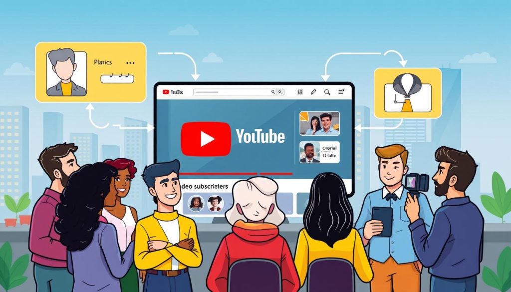 A vibrant and colorful illustration of a content planning process for a YouTube channel focused on career skills and job search for individuals over 40. The foreground features a group of diverse characters, each representing different stages of the content creation workflow - brainstorming ideas, scheduling posts, designing thumbnails, and filming videos. The middle ground showcases a sleek, modern YouTube interface with a channel logo and subscriber count. The background depicts a stylized cityscape, hinting at the urban, professional setting of the channel's target audience. The overall mood is energetic, collaborative, and forward-thinking, capturing the spirit of the YouTube channel's mission to empower and educate its viewers.