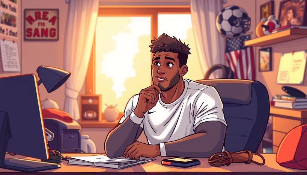 A vibrant and dynamic illustration of a professional athlete thoughtfully selecting a topic for their daily vlog. The scene depicts the athlete sitting at a desk, surrounded by sports equipment and memorabilia, deep in contemplation. Warm, natural lighting filters in through a nearby window, creating a cozy, inspiring atmosphere. The athlete's expression conveys a sense of focus and determination as they consider the day's activities, ready to share their experiences with their audience. The background is softly blurred, allowing the subject to take center stage and emphasize the importance of curating engaging content for their YouTube channel. The overall composition and style evoke a sense of optimism and passion, reflecting the athlete's commitment to their craft and their desire to inspire others through their daily vlog.