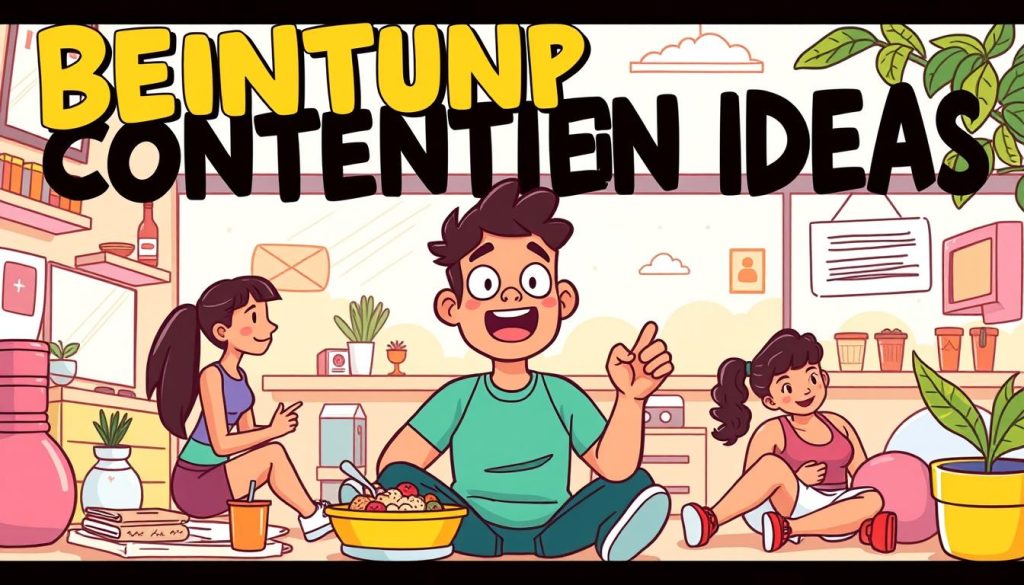 A vibrant and dynamic illustration of content ideas for a YouTube channel centered around the behind-the-scenes of an athlete's daily life. Depict a lively, cartoon-style scene showcasing various content pillars such as fitness routines, training sessions, nutritious meal preparation, personal interests and hobbies, and moments of relaxation and rest. Capture the energy, passion, and authenticity of an athlete's life through a playful, visually engaging composition. Utilize a warm, harmonious color palette and clean, expressive linework to create a visually appealing and engaging image that effectively communicates the section's theme.