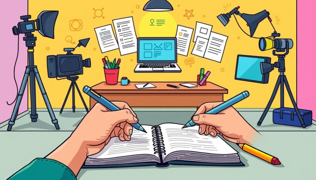 A vibrant and dynamic scene depicting the creation of an educational video script. In the foreground, a pair of hands using a pen and notebook, meticulously drafting the narrative. In the middle ground, a tidy desk with a laptop, highlighters, and storyboard sketches, hinting at the planning and organization involved. The background features a colorful, cartoon-style backdrop, with whimsical illustrations of video production equipment, such as a camera, microphone, and lighting fixtures, suggesting a playful, imaginative approach to the task at hand. The overall composition conveys a sense of creativity, focus, and the systematic process of crafting an effective educational video.