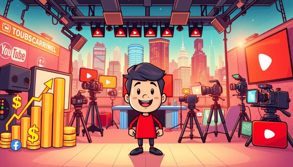 A vibrant and dynamic scene depicting the key benefits of running a successful YouTube channel. In the foreground, a friendly and approachable cartoon character representing a YouTuber, surrounded by various visual metaphors - growing subscriber count, shimmering dollar signs, and animated social media icons. The middle ground features a bustling production studio, complete with high-tech cameras, lighting, and audio equipment, symbolizing the professional quality and creative potential of the channel. In the background, a lively cityscape with towering skyscrapers and a vibrant, energetic atmosphere, conveying the global reach and widespread impact of a thriving YouTube presence. The overall mood is one of excitement, opportunity, and the endless possibilities that await those who embrace the power of online video content creation.