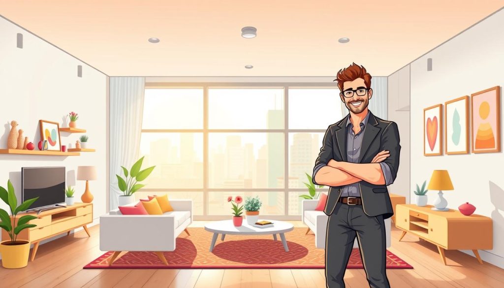 A vibrant and energetic YouTube channel cover image showcasing the success of an interior design small business. In the foreground, a confident and stylish YouTuber stands amid a chic, modern living room, surrounded by playful cartoon-style design elements such as floating furniture, colorful decor, and whimsical wall art. In the middle ground, the room is filled with natural light from large windows, creating a warm and inviting atmosphere. The background features a cityscape with skyscrapers, hinting at the YouTuber's urban design expertise. The overall composition conveys a sense of creativity, professionalism, and the joy of transforming living spaces. A vibrant and energetic YouTube channel cover image showcasing the success of an interior design small business. In the foreground, a confident and stylish YouTuber stands amid a chic, modern living room, surrounded by playful cartoon-style design elements such as floating furniture, colorful decor, and whimsical wall art. In the middle ground, the room is filled with natural light from large windows, creating a warm and inviting atmosphere. The background features a cityscape with skyscrapers, hinting at the YouTuber's urban design expertise. The overall composition conveys a sense of creativity, professionalism, and the joy of transforming living spaces.
