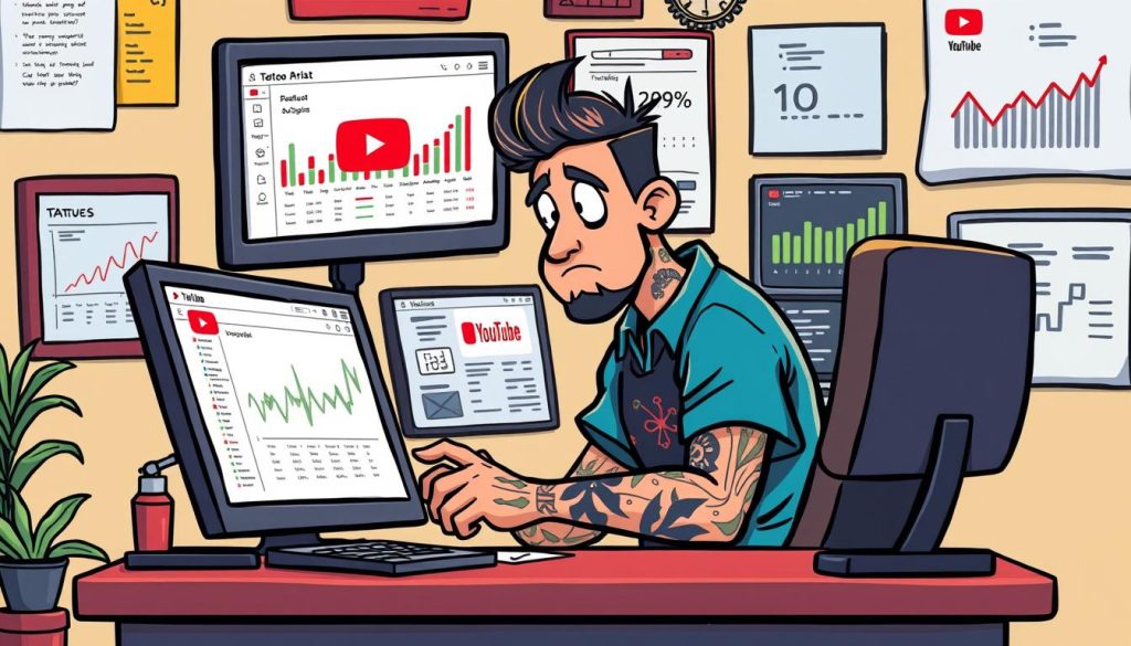 A vibrant and engaging cartoon illustration depicting a YouTube content creator, likely a tattoo artist, carefully analyzing audience data and demographics to strategically target and engage their ideal viewers. The scene should feature the creator sitting at a desk or workspace, surrounded by screens and analytics dashboards, deep in thought as they plan their upcoming video content and channel strategy. The composition should balance dynamic visual elements with a sense of focused intensity, conveying the importance of understanding one's audience in building a successful YouTube presence. The color palette and art style should be bold, playful, and reflective of the creative nature of the tattoo artist's work.