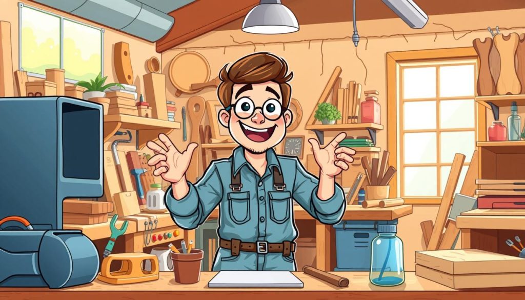 A vibrant and engaging cartoon illustration of a successful YouTuber in the carpentry and woodworking niche, creating content in a well-equipped workshop. The scene should depict the YouTuber enthusiastically explaining a woodworking technique or project to the viewer, surrounded by various woodworking tools, materials, and finished products. The background should showcase a cozy, workshop-like setting with natural lighting, warm tones, and a sense of creativity and productivity. The overall mood should be positive, inspiring, and encouraging for aspiring YouTubers in the same field.