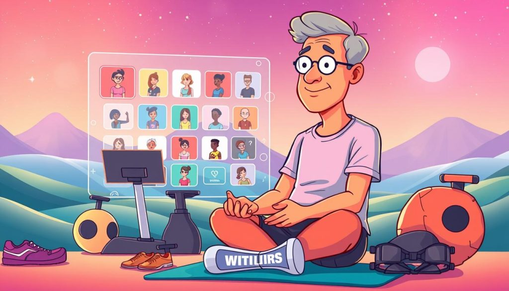 A vibrant and engaging illustration of a middle-aged person engrossed in specialized fitness and wellness content. In the foreground, a warm-toned figure sits cross-legged, surrounded by various exercise equipment and workout gear. The middle ground features a holographic display showcasing a diverse array of instructional videos and tutorials, each with a distinct icon or avatar. The background is a dynamic, gradient-filled landscape, suggesting a digital realm where knowledge and expertise converge. The overall scene exudes a sense of focus, curiosity, and a commitment to personal growth and well-being.
