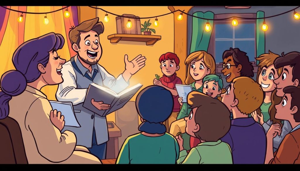 A vibrant and expressive illustration of a storytelling session, featuring a captivating narrator gesturing animatedly as they weave a tale. The scene is set in a cozy, warm-lit environment, with the audience seated attentively, their faces aglow with rapt attention. The narrator's expressive movements and the audience's engaged expressions create a sense of dynamic interaction, capturing the essence of an engaging, immersive storytelling experience. The illustration should convey a sense of wonder, imagination, and the power of the spoken word to transport the audience to another world.