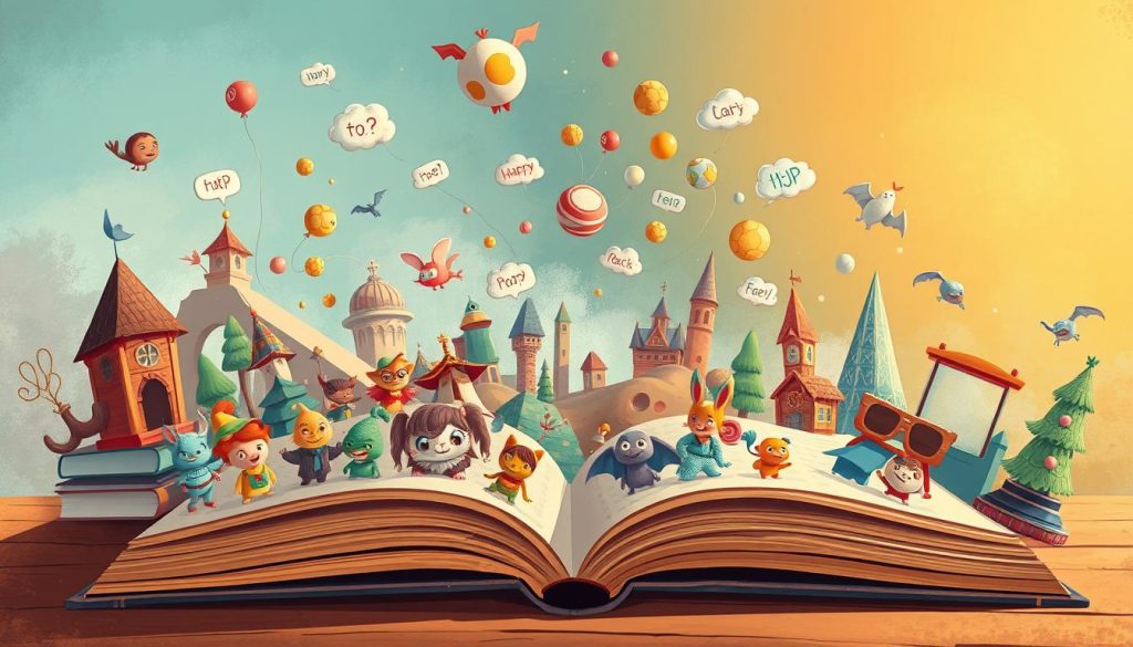 A vibrant and imaginative illustration showcasing an array of captivating story ideas. In the foreground, a colorful cast of whimsical characters - quirky protagonists, mystical creatures, and intriguing settings - emerge from the pages of open books, their stories bursting to life. The middle ground features a dreamy, abstract landscape with floating narrative elements, such as thought bubbles, swirling words, and fantastical shapes. In the background, a warm, inviting atmosphere evokes a sense of wonder and creativity, with soft lighting and a painterly, textured aesthetic. The overall scene conveys the boundless possibilities of crafting engaging, immersive narratives.