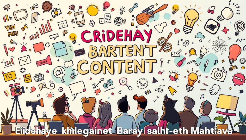 A vibrant and imaginative scene showcasing a variety of creative content ideas. In the foreground, a group of playful, cartoon-style characters brainstorm, surrounded by a whimsical array of colorful, hand-drawn objects and symbols representing different forms of content - from video cameras and microphones to paint brushes and lightbulbs. The middle ground features a dynamic, abstract background with dynamic shapes and patterns, conveying a sense of energy and inspiration. The lighting is warm and inviting, creating a cozy, creative atmosphere. The overall composition is balanced and visually engaging, capturing the essence of "Eidehaye Khaleghaneh Baraye Sakht-e Mahtava" (Creative Ideas for Content Creation). A vibrant and imaginative scene showcasing a variety of creative content ideas. In the foreground, a group of playful, cartoon-style characters brainstorm, surrounded by a whimsical array of colorful, hand-drawn objects and symbols representing different forms of content - from video cameras and microphones to paint brushes and lightbulbs. The middle ground features a dynamic, abstract background with dynamic shapes and patterns, conveying a sense of energy and inspiration. The lighting is warm and inviting, creating a cozy, creative atmosphere. The overall composition is balanced and visually engaging, capturing the essence of "Eidehaye Khaleghaneh Baraye Sakht-e Mahtava" (Creative Ideas for Content Creation).