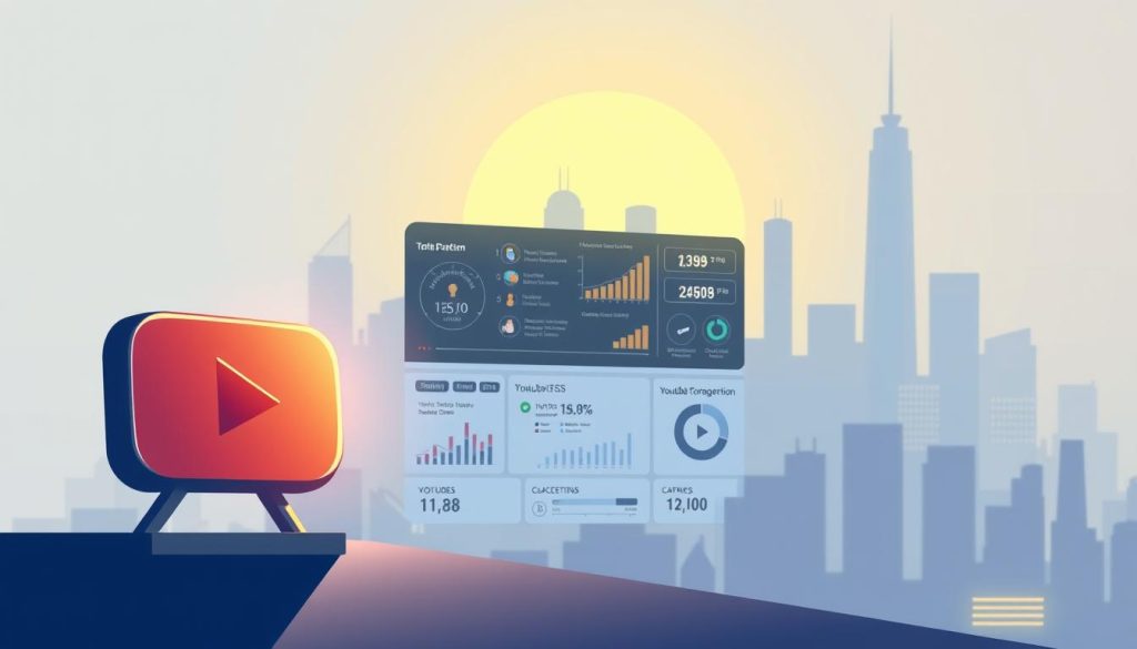 A vibrant and informative illustration depicting the key principles of YouTube monetization for Iranian creators. In the foreground, a sleek and minimalist YouTube logo casts a warm glow, symbolizing the platform's influence. The middle ground showcases a dynamic data visualization, conveying the metrics and strategies essential to building a sustainable YouTube income stream. The background depicts a stylized cityscape, representing the global reach and diverse audiences of the platform. Soft, directional lighting creates a sense of depth and professionalism, while a color palette of blues, grays, and accents of gold evokes a mood of authority and success. The overall composition strikes a balance between technical details and aspirational imagery, inspiring Iranian creators to embrace the power of YouTube's monetization potential.