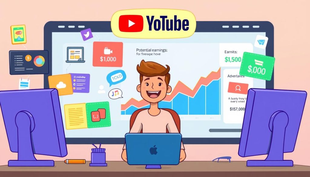A vibrant and informative illustration depicting the process of earning income from a YouTube channel. In the foreground, a cheerful YouTuber sits at a desk, surrounded by colorful graphics and digital icons representing various monetization methods such as advertising, sponsorships, and merchandise sales. The middle ground showcases a graph or chart displaying the potential earnings, with clear and intuitive data visualizations. The background features a stylized representation of the YouTube platform, with a stylized play button and other recognizable elements. The overall scene should convey a sense of creativity, professionalism, and the potential for financial success through YouTube content creation, using a whimsical, cartoon-inspired aesthetic. A vibrant and informative illustration depicting the process of earning income from a YouTube channel. In the foreground, a cheerful YouTuber sits at a desk, surrounded by colorful graphics and digital icons representing various monetization methods such as advertising, sponsorships, and merchandise sales. The middle ground showcases a graph or chart displaying the potential earnings, with clear and intuitive data visualizations. The background features a stylized representation of the YouTube platform, with a stylized play button and other recognizable elements. The overall scene should convey a sense of creativity, professionalism, and the potential for financial success through YouTube content creation, using a whimsical, cartoon-inspired aesthetic.