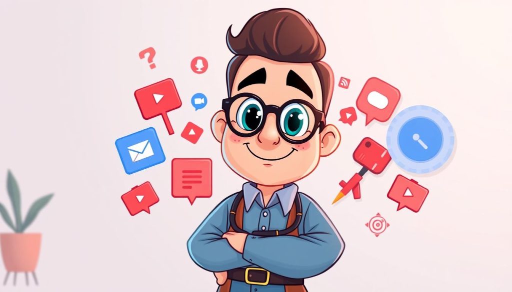 A vibrant and playful cartoon illustration depicting a YouTube video optimization expert, wearing a confident expression and surrounded by various SEO-related icons and symbols. The character is positioned in the foreground, with a clean, minimalist background featuring simple shapes and geometric patterns. The lighting is soft and flattering, highlighting the character's features and creating a sense of depth and dimension. The overall mood is one of professionalism, expertise, and a touch of whimsy, reflecting the subject matter of the article section.