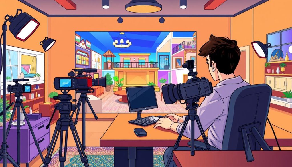 A vibrant and visually engaging scene depicting the creation of high-quality video and audio content for a successful YouTube channel focused on interior design and creative space transformations. In the foreground, a talented YouTuber sits at a meticulously organized desk, surrounded by professional-grade cameras, microphones, and lighting equipment. The middle ground showcases a dynamic and colorful animated backdrop, reflecting the channel's artistic and energetic brand. In the background, a montage of visually stunning interior design projects and transformations create a sense of inspiration and creativity. The overall mood is one of focus, innovation, and a commitment to producing content that engages and delights the audience. A vibrant and visually engaging scene depicting the creation of high-quality video and audio content for a successful YouTube channel focused on interior design and creative space transformations. In the foreground, a talented YouTuber sits at a meticulously organized desk, surrounded by professional-grade cameras, microphones, and lighting equipment. The middle ground showcases a dynamic and colorful animated backdrop, reflecting the channel's artistic and energetic brand. In the background, a montage of visually stunning interior design projects and transformations create a sense of inspiration and creativity. The overall mood is one of focus, innovation, and a commitment to producing content that engages and delights the audience.