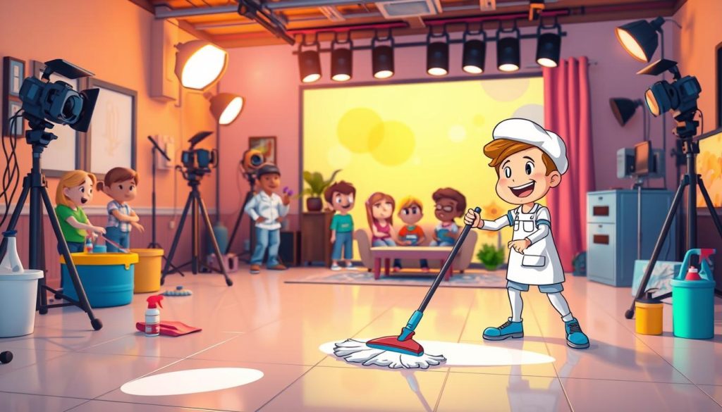 A vibrant and whimsical cartoon scene of a cheerful cleaning services YouTube channel. In the foreground, a friendly-looking character in a cleaning uniform enthusiastically scrubs a spotless floor with a mop, surrounded by cleaning supplies. In the middle ground, various cartoon characters watch the cleaning demonstration with interest. The background features a cozy, warmly lit YouTube studio setting, complete with a colorful backdrop, studio lights, and cameras. The overall mood is upbeat, inviting, and educational, perfectly capturing the essence of a helpful cleaning services YouTube channel. A vibrant and whimsical cartoon scene of a cheerful cleaning services YouTube channel. In the foreground, a friendly-looking character in a cleaning uniform enthusiastically scrubs a spotless floor with a mop, surrounded by cleaning supplies. In the middle ground, various cartoon characters watch the cleaning demonstration with interest. The background features a cozy, warmly lit YouTube studio setting, complete with a colorful backdrop, studio lights, and cameras. The overall mood is upbeat, inviting, and educational, perfectly capturing the essence of a helpful cleaning services YouTube channel.
