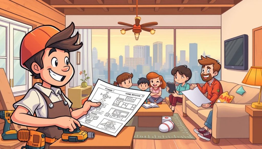 A vibrant and whimsical cartoon scene showcasing the key elements of a successful home renovation YouTube channel. In the foreground, a cheerful DIY enthusiast demonstrates intricate carpentry techniques, surrounded by an array of power tools and detailed home improvement plans. The middle ground features a cozy, well-appointed living room, where a family gathers to admire the channel's latest project with awe and delight. In the background, a vibrant city skyline sets the stage, hinting at the diverse audience and broad appeal of the channel's content. Warm, playful lighting and a sense of joy and accomplishment permeate the entire composition, capturing the spirit of a thriving home renovation YouTube channel. A vibrant and whimsical cartoon scene showcasing the key elements of a successful home renovation YouTube channel. In the foreground, a cheerful DIY enthusiast demonstrates intricate carpentry techniques, surrounded by an array of power tools and detailed home improvement plans. The middle ground features a cozy, well-appointed living room, where a family gathers to admire the channel's latest project with awe and delight. In the background, a vibrant city skyline sets the stage, hinting at the diverse audience and broad appeal of the channel's content. Warm, playful lighting and a sense of joy and accomplishment permeate the entire composition, capturing the spirit of a thriving home renovation YouTube channel.
