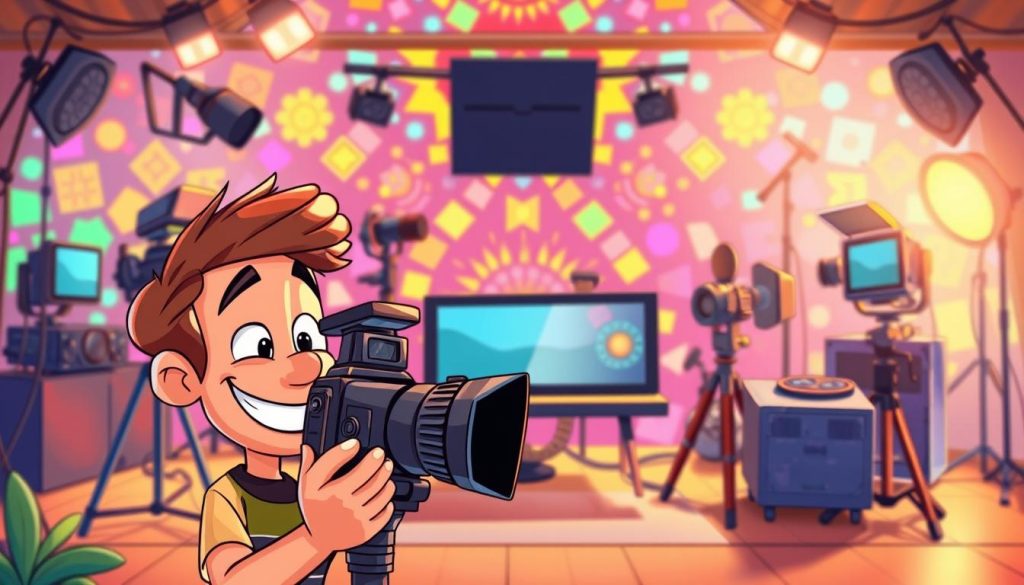 A vibrant and whimsical cartoon scene showcasing the technical aspects of video production. In the foreground, a filmmaker with a vintage camera and a mischievous expression, capturing the world around them. In the middle ground, an array of video equipment - microphones, lighting rigs, and editing software - all coming together in a harmonious dance. The background is a kaleidoscope of colors and shapes, representing the creative energy and endless possibilities of the video-making process. The lighting is warm and inviting, casting a soft glow over the entire scene. The overall atmosphere is one of playfulness, enthusiasm, and a touch of technical wizardry, perfectly capturing the essence of the "Technical Aspects of Video" section.