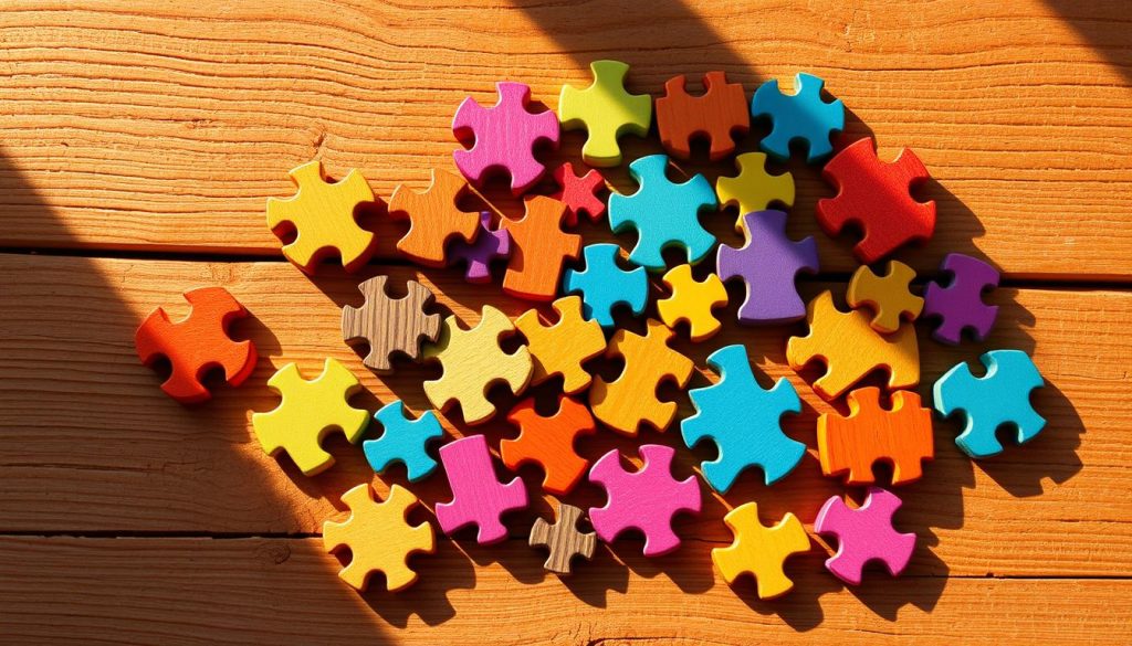 A vibrant and whimsical cartoon-style puzzle, featuring a collection of wooden pieces in various shapes and colors. The puzzle pieces are arranged on a rustic wooden surface, creating a visually engaging and tactile composition. The lighting is warm and soft, casting gentle shadows that add depth and dimension to the scene. The overall mood is one of playfulness and creativity, inviting the viewer to imagine the process of assembling the puzzle and the potential for self-expression and problem-solving. The image should capture the essence of the project, showcasing the creative potential of transforming simple wooden elements into an engaging and interactive puzzle.