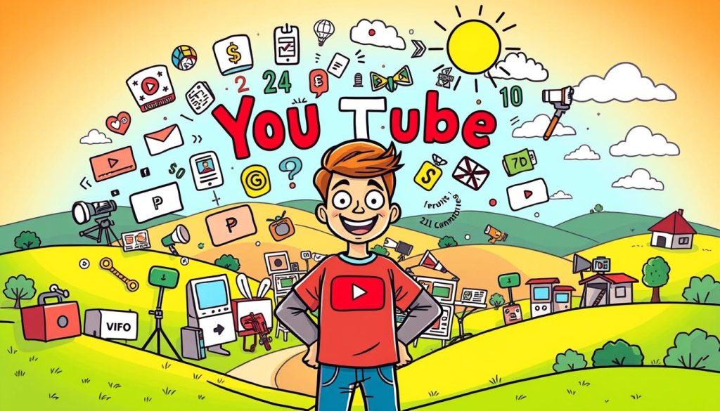 A vibrant and whimsical illustration depicting the benefits of running a YouTube channel. In the foreground, a cheerful YouTuber stands proudly, surrounded by a swirling array of icons and symbols representing the advantages - views, subscribers, earnings, creative freedom, and a sense of community. The middle ground features an array of content creation tools and equipment, while the background showcases a colorful, cartoon-inspired landscape of rolling hills, fluffy clouds, and a sun-dappled sky. The overall mood is one of excitement, opportunity, and the joy of pursuing a passion-fueled project. Lighting is soft and warm, with a slightly quirky, hand-drawn aesthetic to capture the spirit of the YouTube experience.