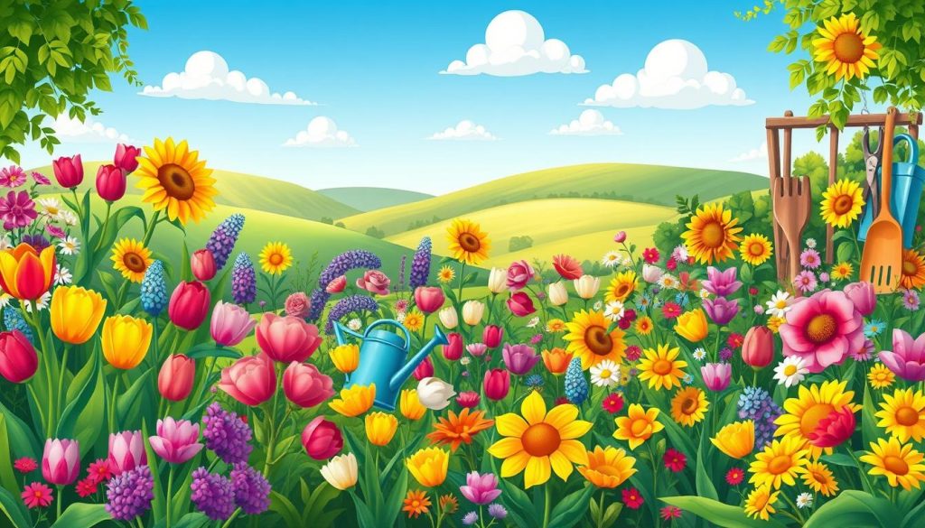 A vibrant and whimsical illustration of a lush garden filled with an array of colorful flowers, plants, and gardening tools. The foreground features a diverse mix of blooming flora, including tulips, roses, and sunflowers, arranged in a visually striking composition. The middle ground showcases a variety of gardening implements, such as pruning shears, watering cans, and trowels, all rendered in a playful, cartoon-like style. The background depicts a serene, idyllic landscape with rolling hills, a clear blue sky, and a few fluffy clouds, creating a sense of tranquility and wonder. The overall scene conveys a lighthearted and inviting atmosphere, perfectly capturing the joys and inspirations of gardening and plant cultivation. A vibrant and whimsical illustration of a lush garden filled with an array of colorful flowers, plants, and gardening tools. The foreground features a diverse mix of blooming flora, including tulips, roses, and sunflowers, arranged in a visually striking composition. The middle ground showcases a variety of gardening implements, such as pruning shears, watering cans, and trowels, all rendered in a playful, cartoon-like style. The background depicts a serene, idyllic landscape with rolling hills, a clear blue sky, and a few fluffy clouds, creating a sense of tranquility and wonder. The overall scene conveys a lighthearted and inviting atmosphere, perfectly capturing the joys and inspirations of gardening and plant cultivation.